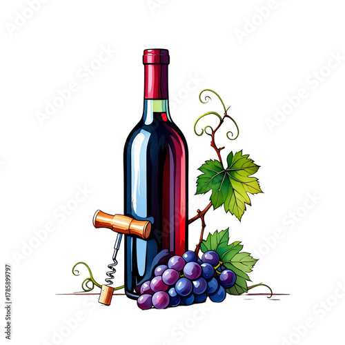 A bottle of red wine with grapes and a corkscrew isolated on transparent background