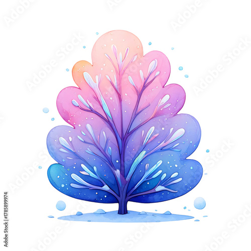 A colorful winter tree with snow isolated on transparent background
