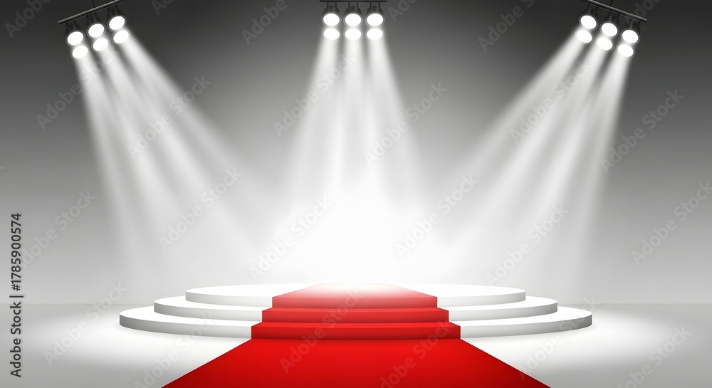 Fototapeta premium Illuminated stage podium with red carpet and spotlights on white background