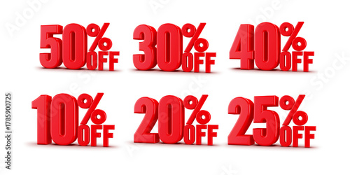 Bold red percentage sale labels ideal for retail promotions, seasonal discounts, and online store banners.