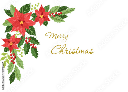 Winter flower arrangement. Winter decorative corner with poinsettia, holly and red berry.