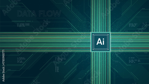 AI chip on a circuit board process of data processing, Big data visualization information flow sorting and analysis, concept Artificial Intelligence technology machine deep learning data network