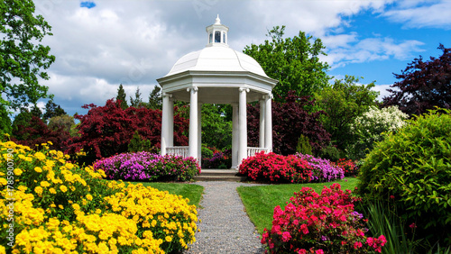 Fototapeta Naklejka Na Ścianę i Meble -  Historic architecture of an old European garden pavilion building with a dome, sky, and flowers in a summer park landscape