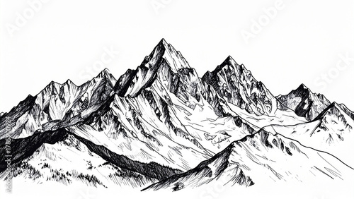 a snowy mountain landscape with high peaks and cold, white sky