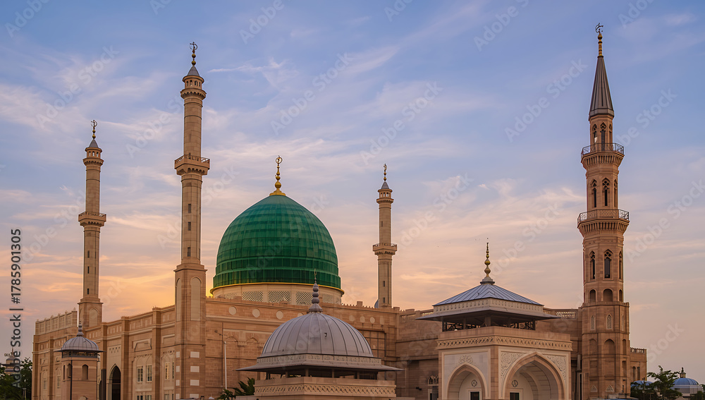 Fototapeta premium Majestic Mosque with Green Dome and Tall Minarets Against a Sunset Sky Islamic architecture