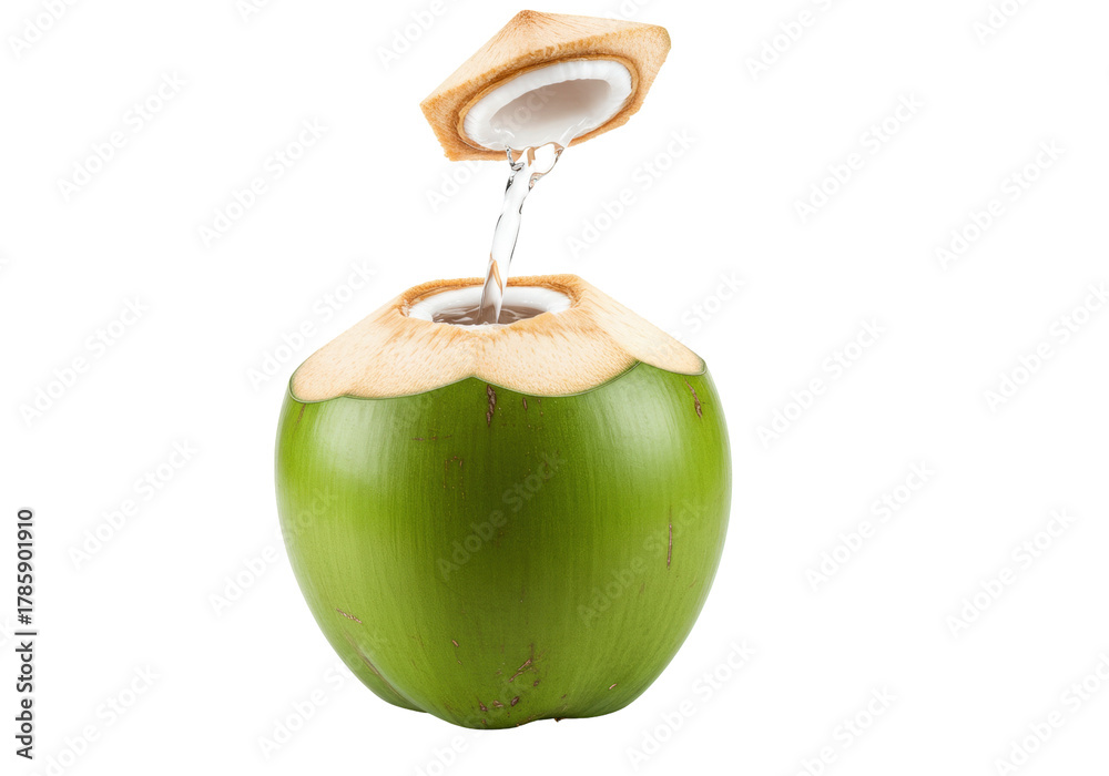 Obraz premium Isolated green young coconut with water pouring from cut piece, fresh tropical fruit