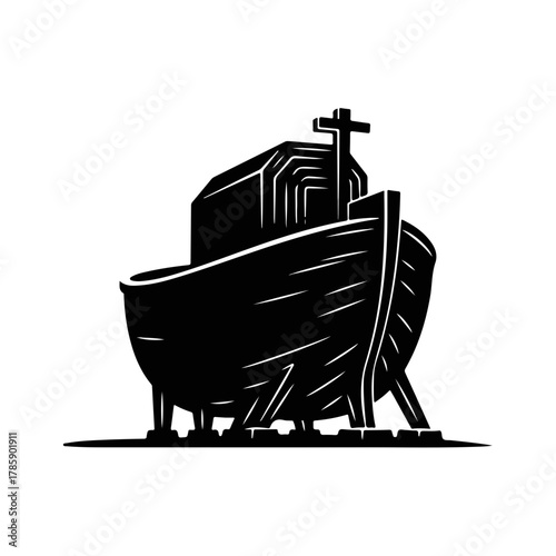 Noah's Ark with a Christian cross icon. Biblical story symbol in a stylized silhouette. Religious graphic isolated on a white background