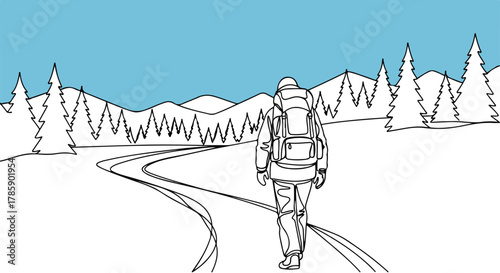Backpacker walking on a snowy trail in a winter mountain landscape. Minimalist continuous line art drawing. Outdoor adventure and travel concept