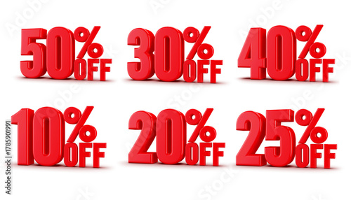 Bold red percentage sale labels ideal for retail promotions, seasonal discounts, and online store banners.