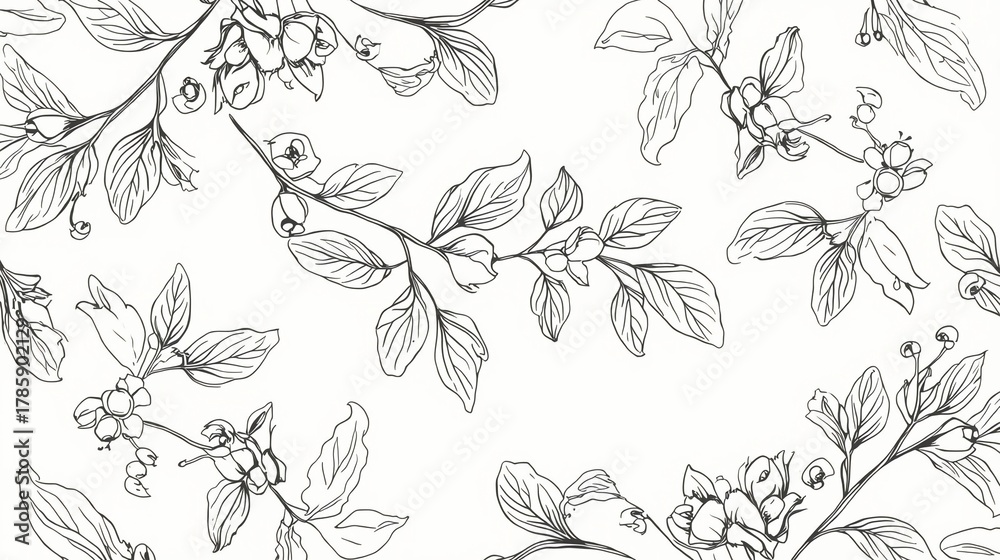Fototapeta premium Elegant minimalist botanical line art pattern featuring delicate branches with leaves and berries creating a timeless organic design for sophisticated backgrounds