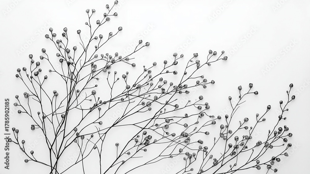 Obraz premium Delicate black branches with tiny dark buds gracefully spread across a clean white background, offering a minimalist, organic aesthetic for design.