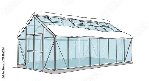 A simple line art drawing of a greenhouse covered in snow. Winter gardening and seasonal horticulture concept. Cold weather building graphic isolated on a white background