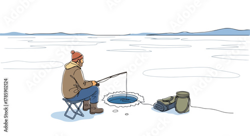 A man ice fishing on a frozen lake. Continuous single line art drawing. Winter outdoor hobby and recreation concept