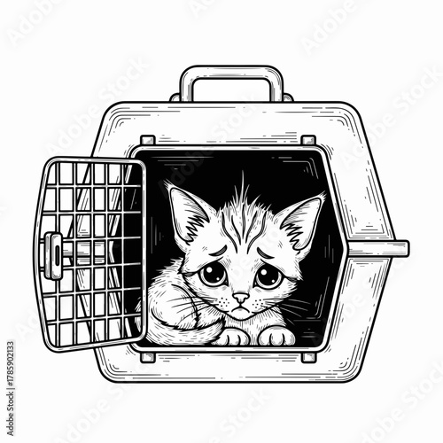 A sad kitten in an open pet carrier. Black and white line art drawing. Homeless animal rescue and adoption concept
