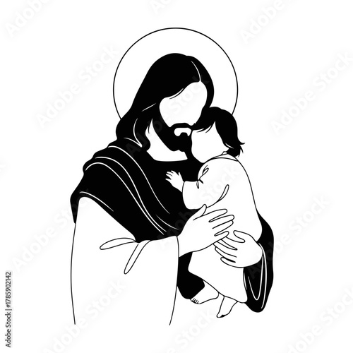 Jesus Christ holding a child icon. Minimalist black and white line art drawing. Christian religious symbol of faith and love