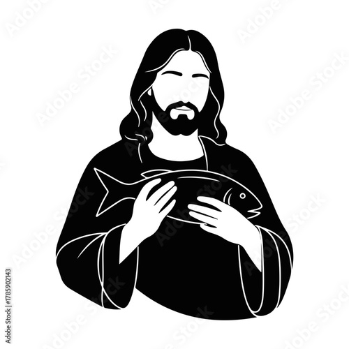 Jesus Christ holding a fish silhouette icon. Christian religious symbol in a minimalist stencil style. Black and white graphic for faith-based design