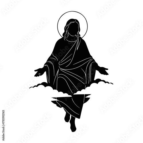 Jesus Christ ascending in the clouds silhouette. A Christian religious symbol of faith and resurrection. Black and white graphic icon for church and Easter designs