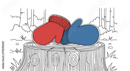 A pair of winter mittens on a tree stump in a forest. Continuous single line art drawing. Minimalist cold weather concept graphic