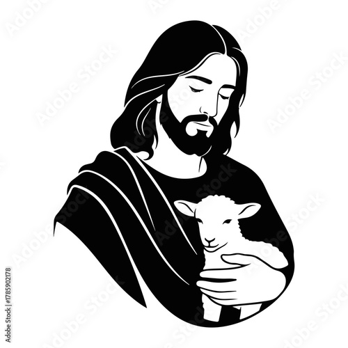 Black and white graphic of Jesus Christ holding a lamb. The Good Shepherd as a Christian religious symbol. Minimalist stencil design isolated on a white background