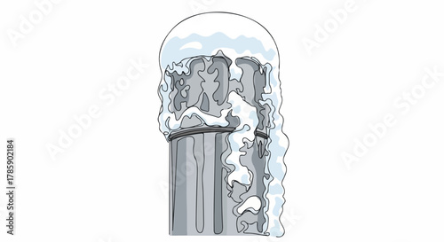A metal pole covered in snow and ice. Winter weather cartoon drawing. Frozen post isolated on a white background