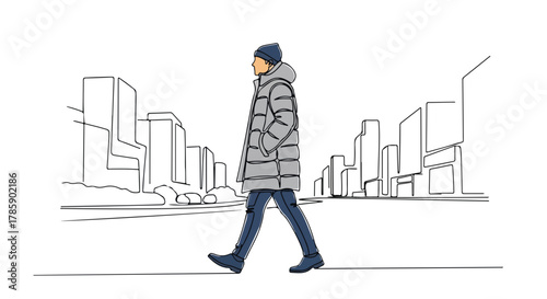 Continuous line drawing of a man walking in a winter city. Minimalist urban character in a puffer jacket. Modern one-line art style graphic