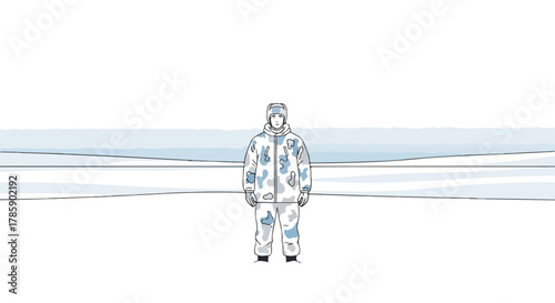 A soldier in a winter camouflage uniform standing in a snowy field. Minimalist line art of military personnel in arctic gear. Cold weather warfare and survival concept graphic