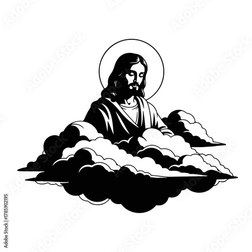 Jesus Christ in the clouds religious symbol. Black and white christian graphic for faith and spirituality. Biblical holy art design