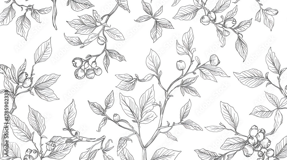 Fototapeta premium Delicate hand drawn blueberry branches with leaves and berries create a timeless botanical pattern perfect for elegant designs and natural aesthetics.