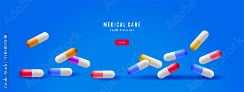 Background with realistic 3d capsules. Medical, pharmacy, healthcare, hospital, clinic, telemedicine, insurance, biotechnology concept. Vector illustration.