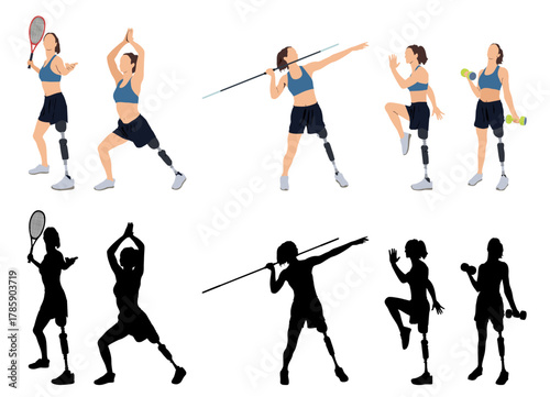 Female athletes with prosthesis legs of different sports vector silhouette illustration