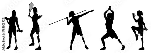 Silhouette of female athletes with prosthesis legs of different sports.