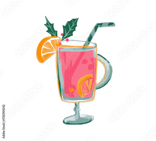 Winter hot mulled wine, served red drink in tall bar glass, christmas market special drink illustration