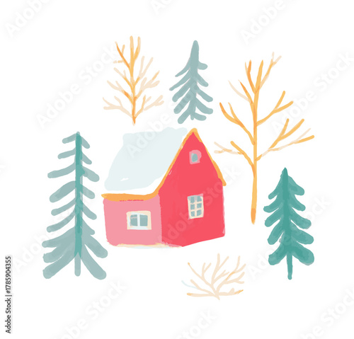 Winter holidays cabin in snowy forest, hand painted watercolor illustration
