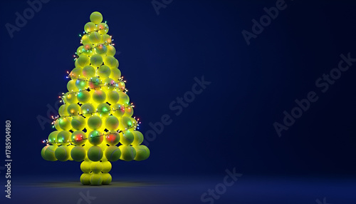 Tennis, padel ball Christmas tree on dark blue background with copy space