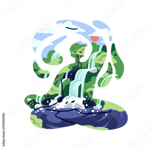 Abstract man practices meditation. Waterfall in human silhouette sitting in lotus pose. Shadow of person in retreat with rock and water. Zen in nature. Flat isolated vector illustration on white