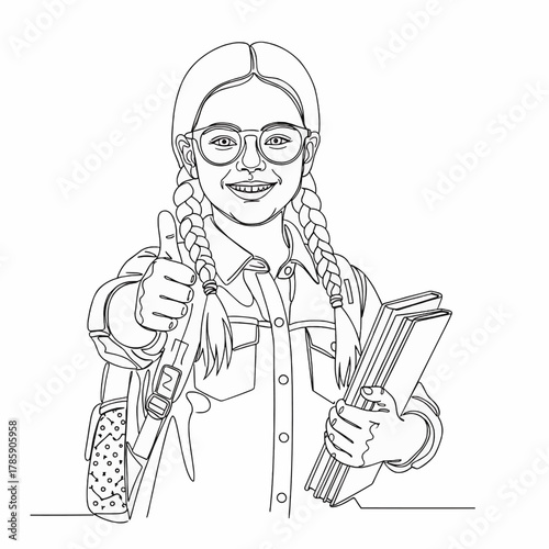 A cheerful schoolgirl with glasses and braids holds books and gives a thumbs-up gesture in a single line drawing.