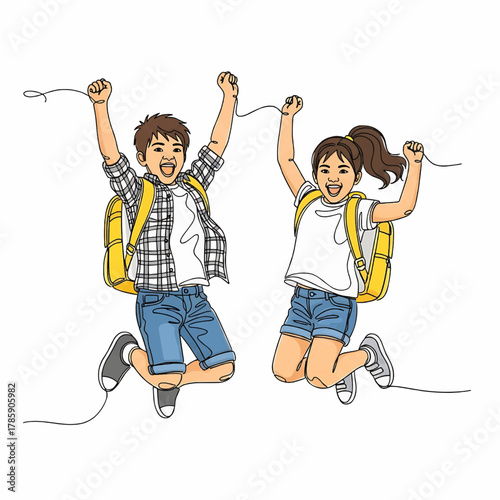 Two excited children, a boy and a girl, jumping in the air with backpacks on, celebrating the start of school.