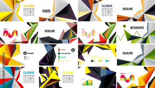 Colorful geometric designs, layouts for presentations or templates. Various shapes, text elements, vibrant palettes dominate composition.