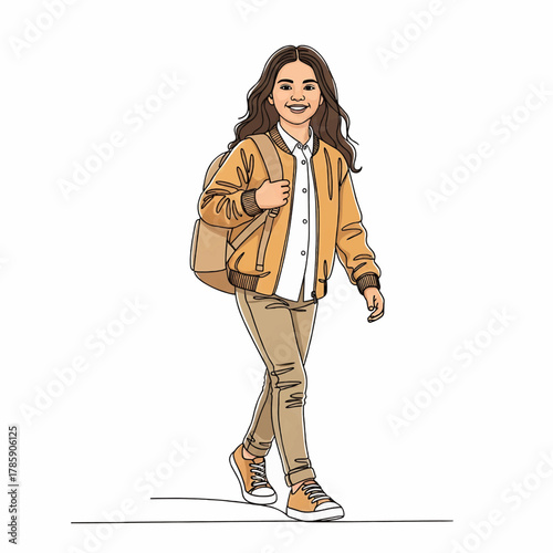 A young girl with long brown hair, wearing a jacket and carrying a backpack, walking.