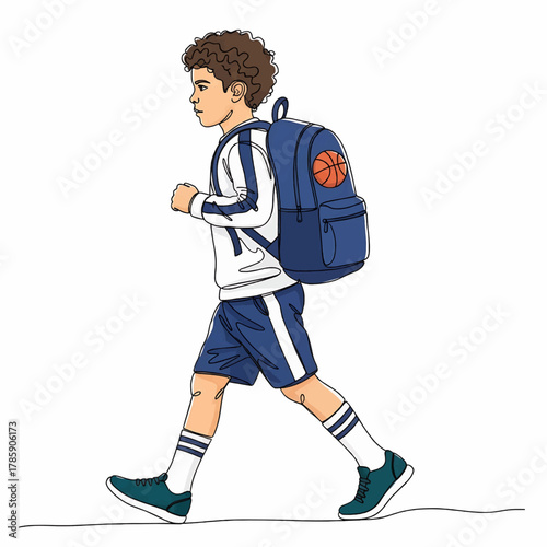A young boy with curly hair walks, wearing a backpack with a basketball design, and athletic clothing.