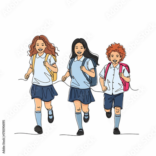 Three happy and diverse elementary school students in uniform running together with backpacks.