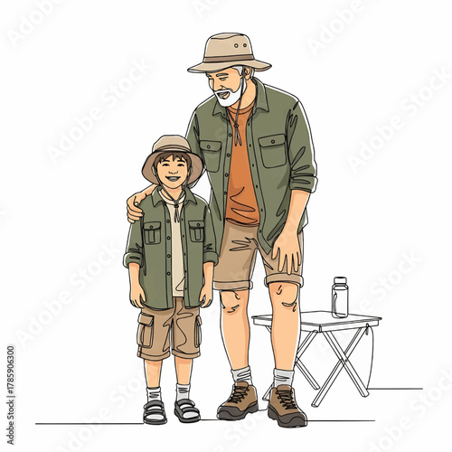 A grandfather and grandson stand together, both wearing safari-style clothing, smiling.