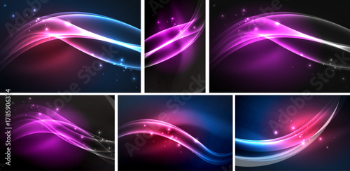 Abstract waves, vibrant colors, dynamic shapes. Smooth gradients, sparkling effects, modern design elements. Backgrounds suitable for various projects.