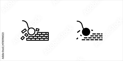 Wrecking ball on wall icon set. Outline wrecking ball on wall vector icon for web design isolated on white background
