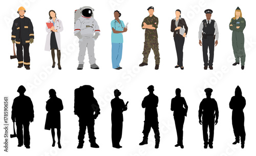 Diverse group of professionals in uniforms vector silhouette illustration