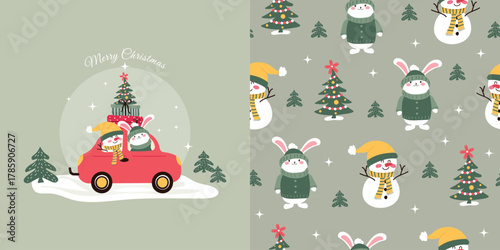 Winter holiday modern children background and seamless pattern with funny characters on the car. Vector design for fabric, wallpaper, wrapping paper, and more.