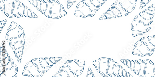 Line art style spiral seashells forming a decorative frame. Perfect for marine coastal and summer themed design.