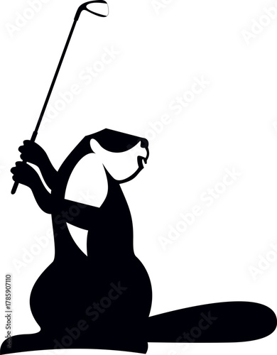 Cartoon beaver plays golf. Black and white illustration