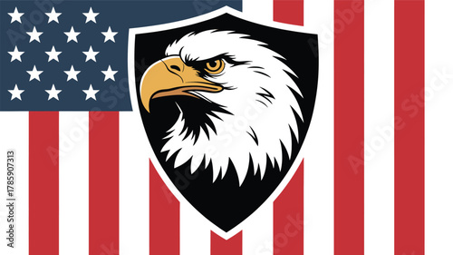 Powerful bald eagle head emblem against a bold american flag background a striking patriotic silhouette