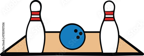 A blue bowling ball sits between two white bowling pins on a wooden lane isolated on transparent background